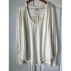 We The Free Cream Hemp/Organic Cotton V-Neck Blouse w/ Ruched Cuffs | Size XL